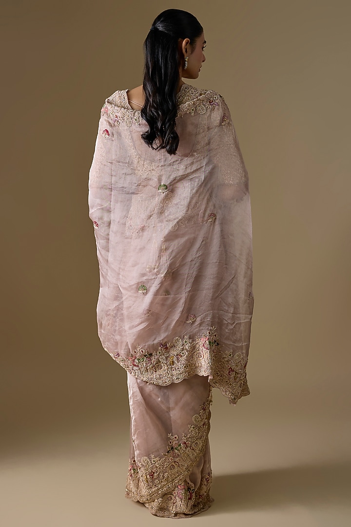 Peach Tissue Hand & Machine Embroidered Bridal Saree Set by Kalighata at Pernia's Pop Up Shop