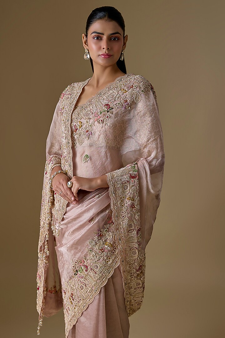 Peach Tissue Hand & Machine Embroidered Bridal Saree Set by Kalighata at Pernia's Pop Up Shop