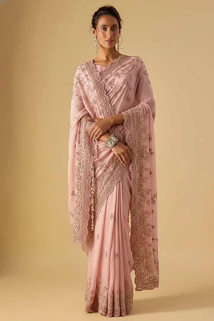 Pink Tissue Hand & Machine Embroidered Reception Saree Set by Kalighata at Pernia's Pop Up Shop
