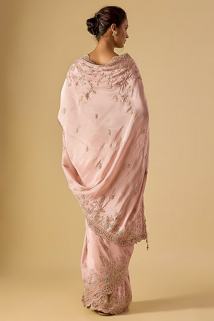 Pink Tissue Hand & Machine Embroidered Reception Saree Set by Kalighata at Pernia's Pop Up Shop
