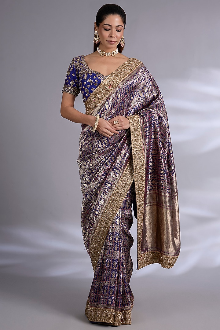 Navy Banarasi Bridal Saree Set by Kalighata at Pernia's Pop Up Shop