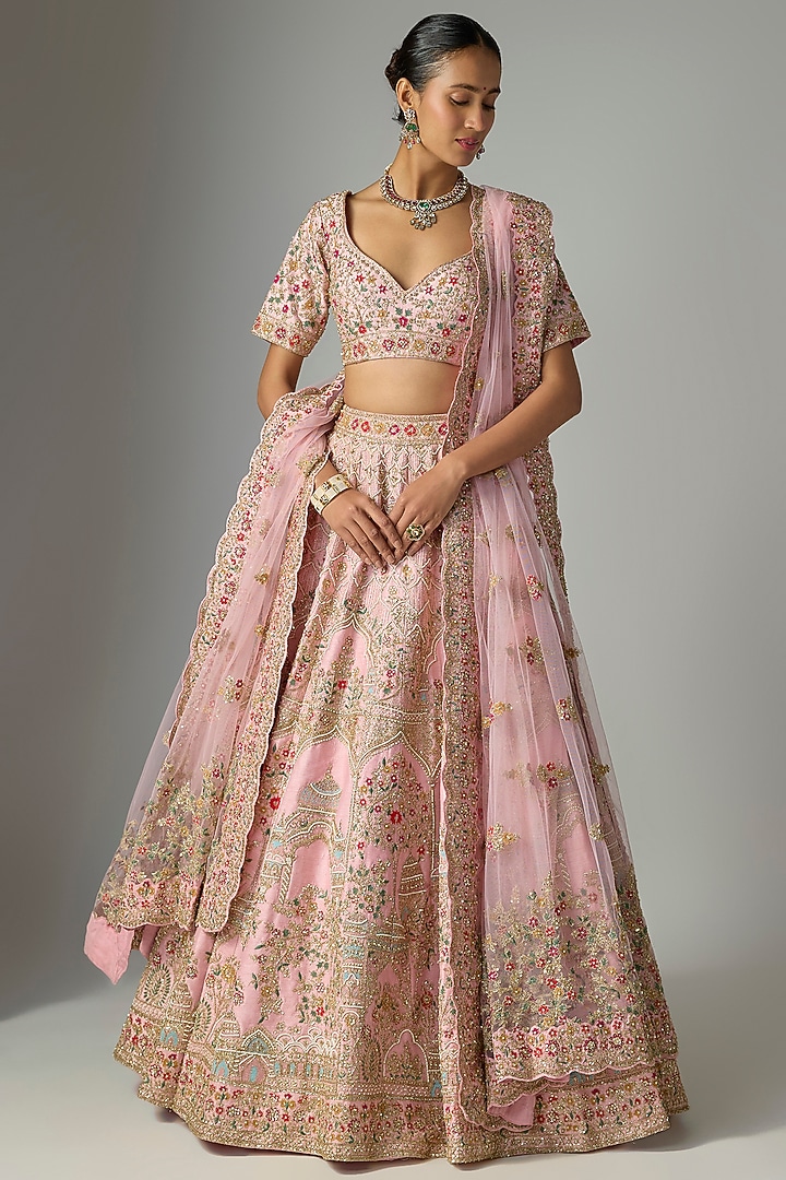 Pink Raw Silk Bridal Lehenga Set by Kalighata at Pernia's Pop Up Shop