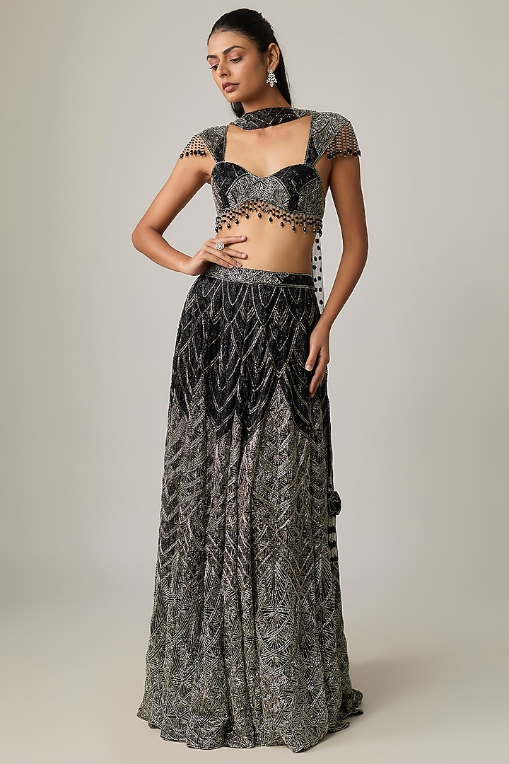 Black Net Bridal Lehenga Set by Kalighata at Pernia's Pop Up Shop