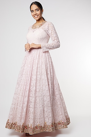 Blush Pink Chikankari Gown by Kalighata
