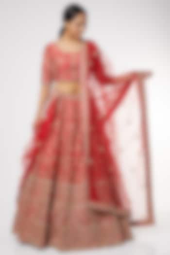 Red Sequins Hand Embroidered Lehenga Set by Kalighata