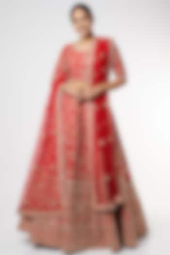 Red Cutdana Hand Embroidered Lehenga Set by Kalighata