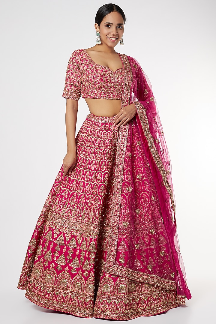Red Lehenga Set With Embroidery by Kalighata
