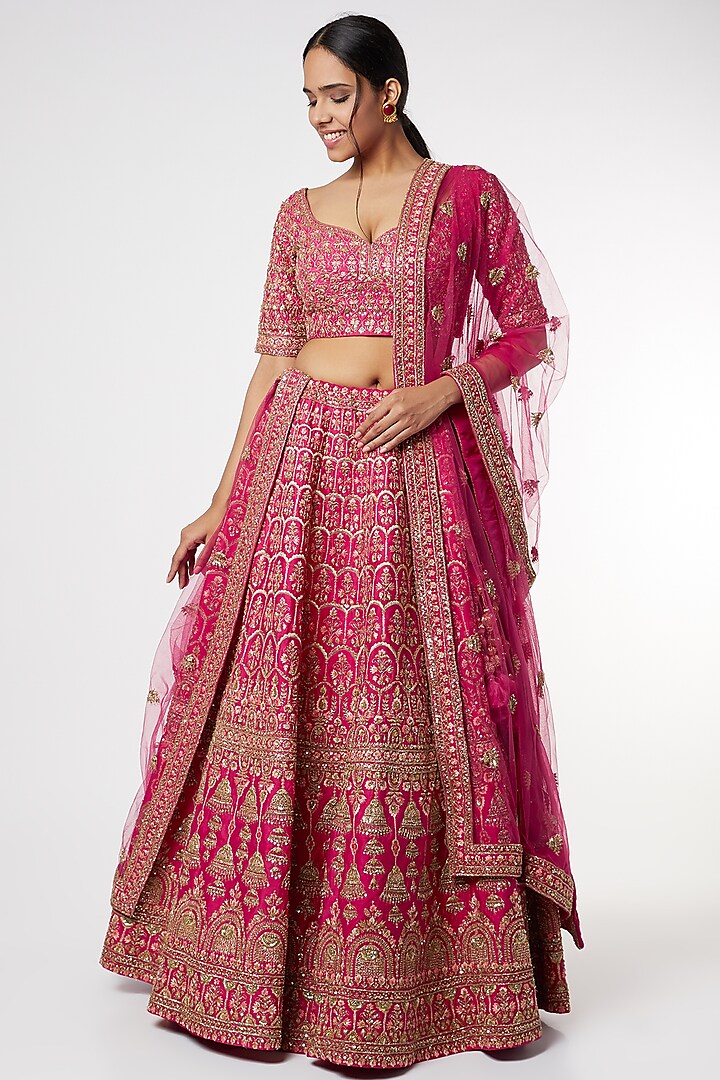 Rani Pink Raw Silk Embroidered Lehenga Set by Kalighata