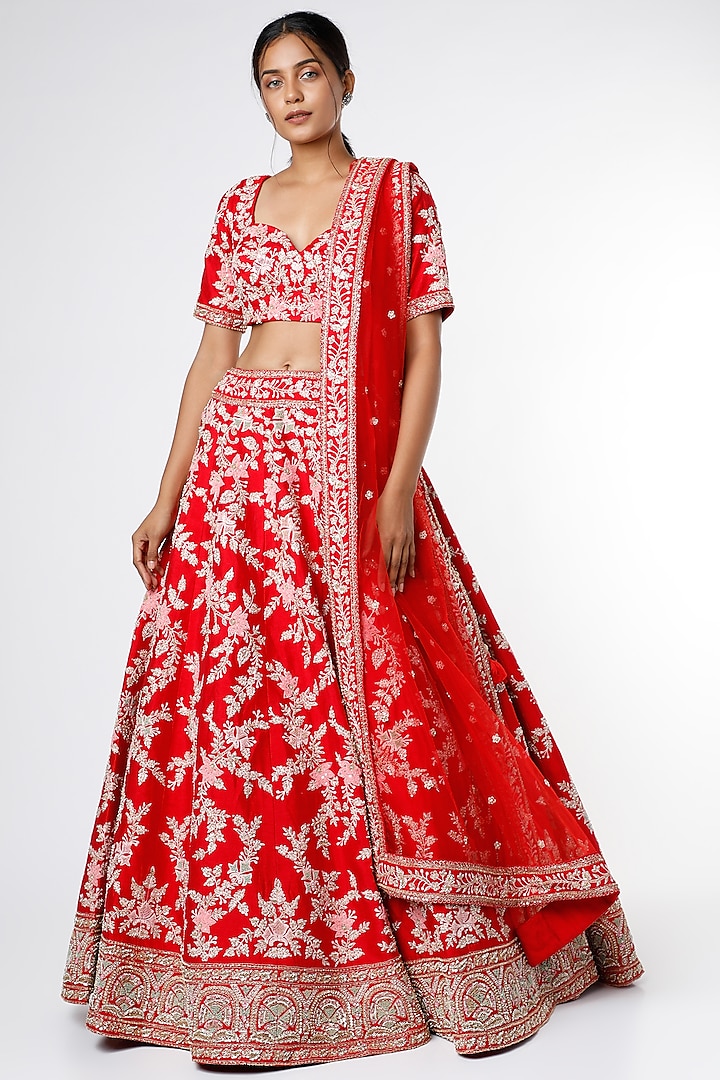 Red Raw Silk Lehenga Set With Zari Embroidery by Kalighata