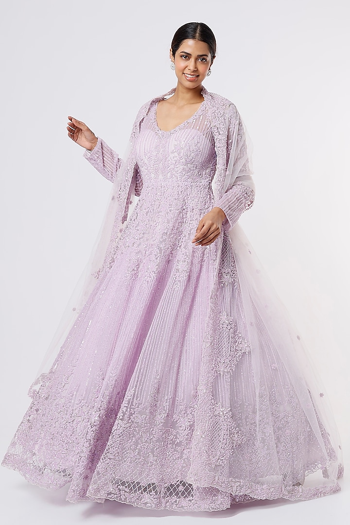 Mauve Hand Embroidered Gown With Dupatta by Kalighata at Pernia's Pop Up Shop