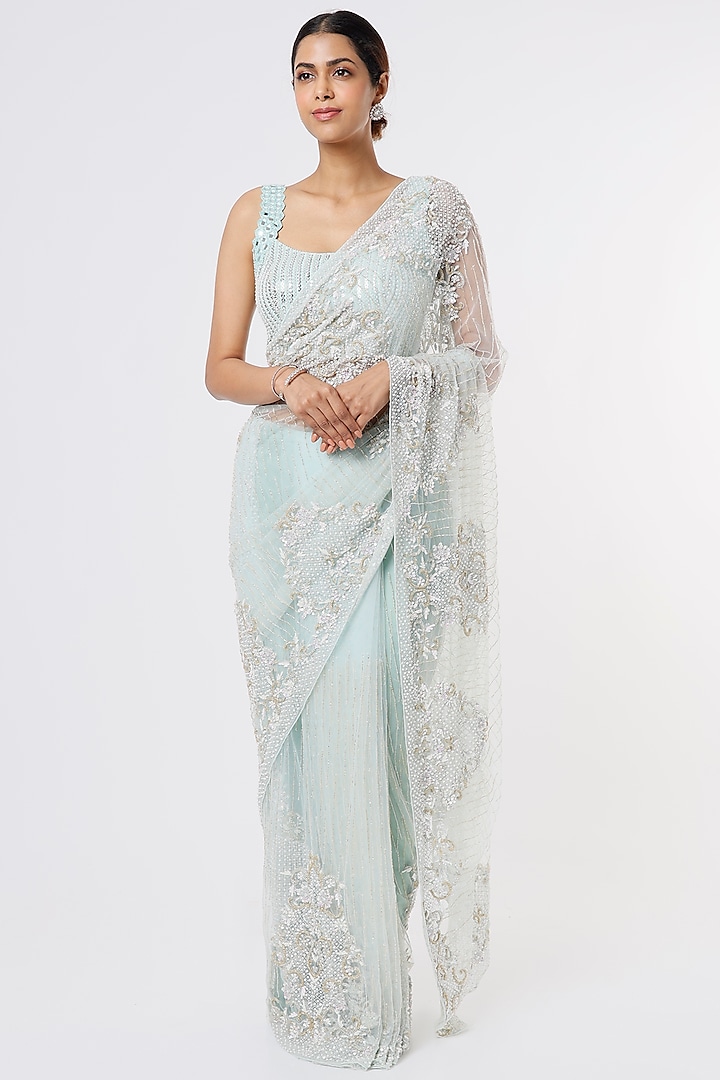 Powder Blue Sequins Embroidered Saree Set by Kalighata at Pernia's Pop Up Shop