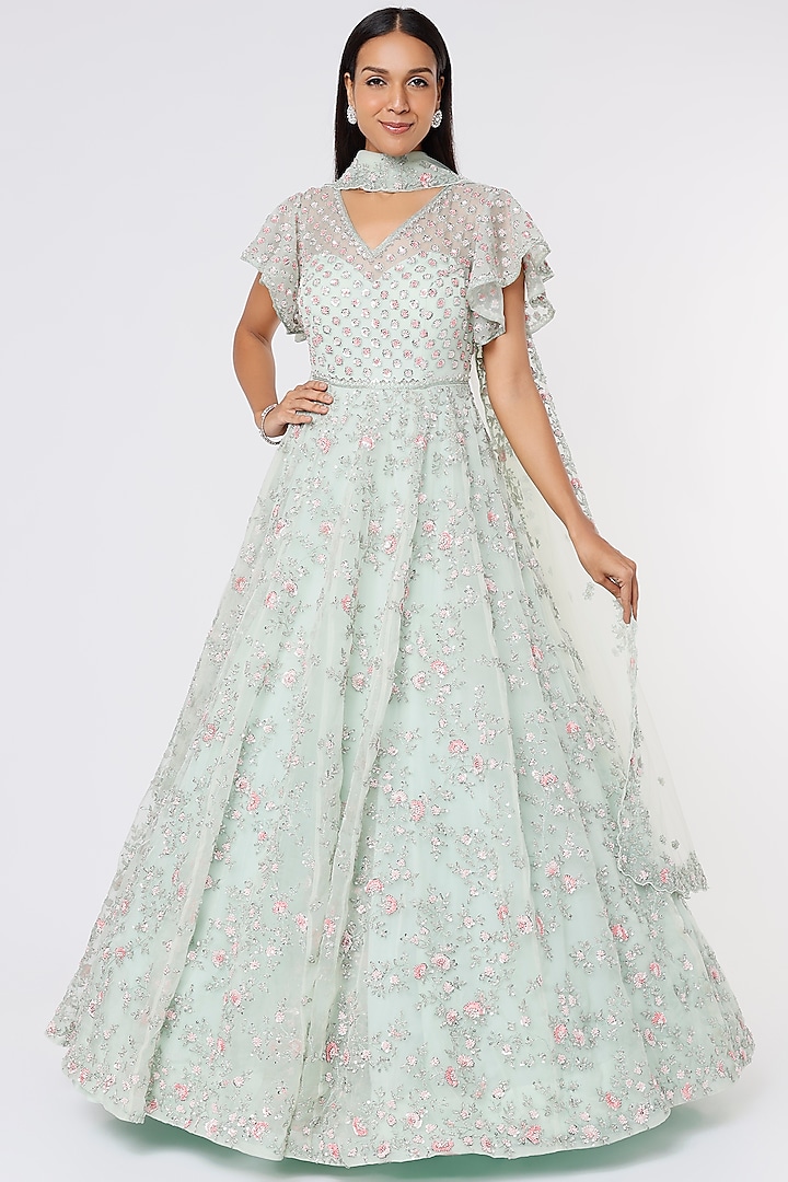 Mint Green Embroidered Gown by Kalighata