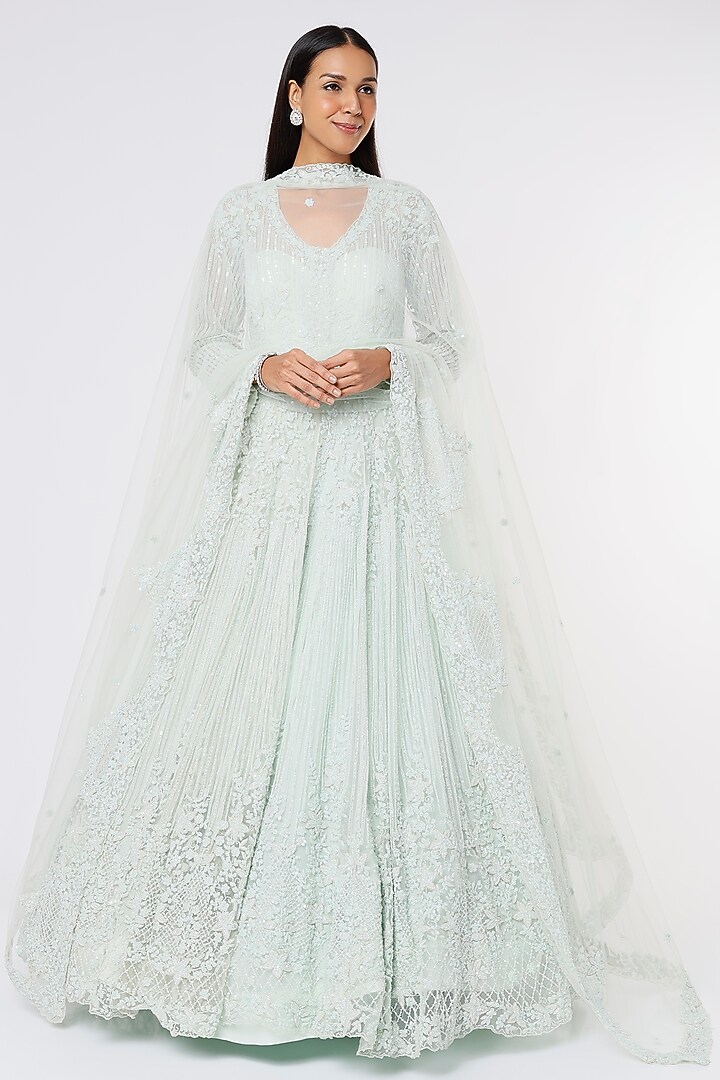Mint Green Hand Embellished Wedding Gown With Dupatta by Kalighata at Pernia's Pop Up Shop