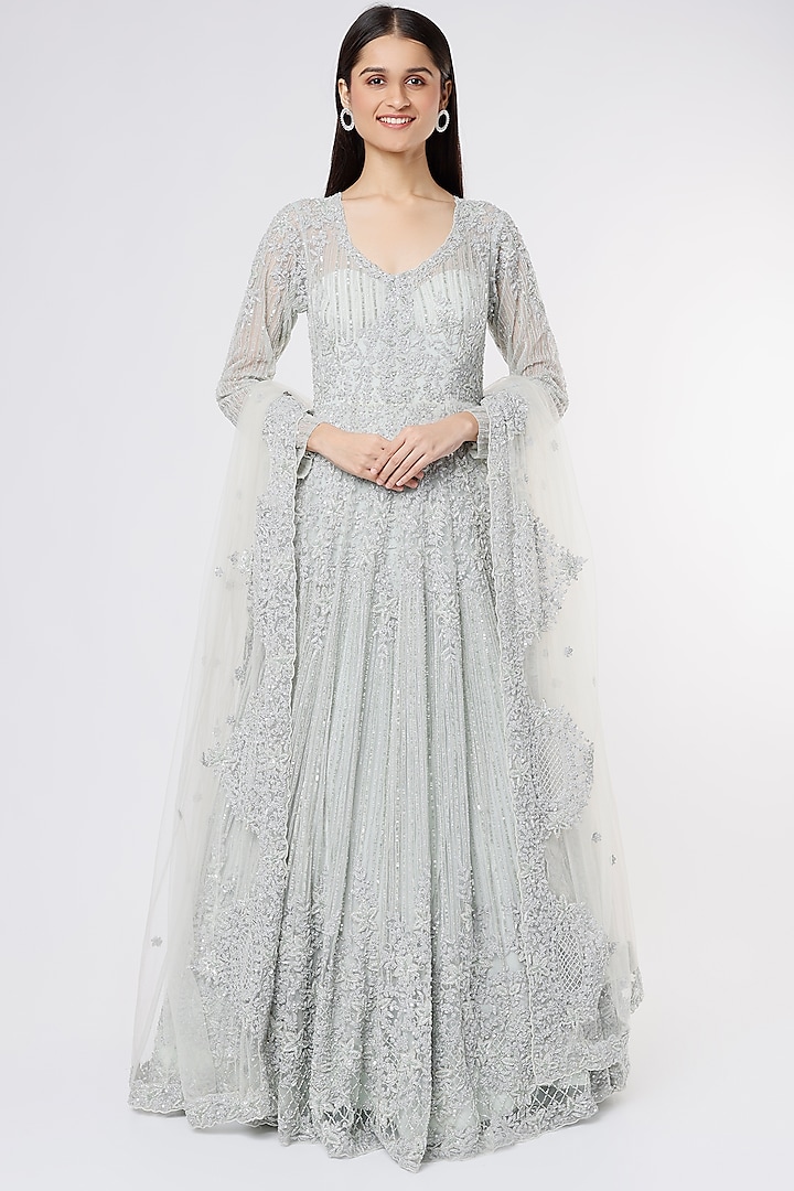 Grey Hand Embellished Wedding Gown by Kalighata at Pernia's Pop Up Shop