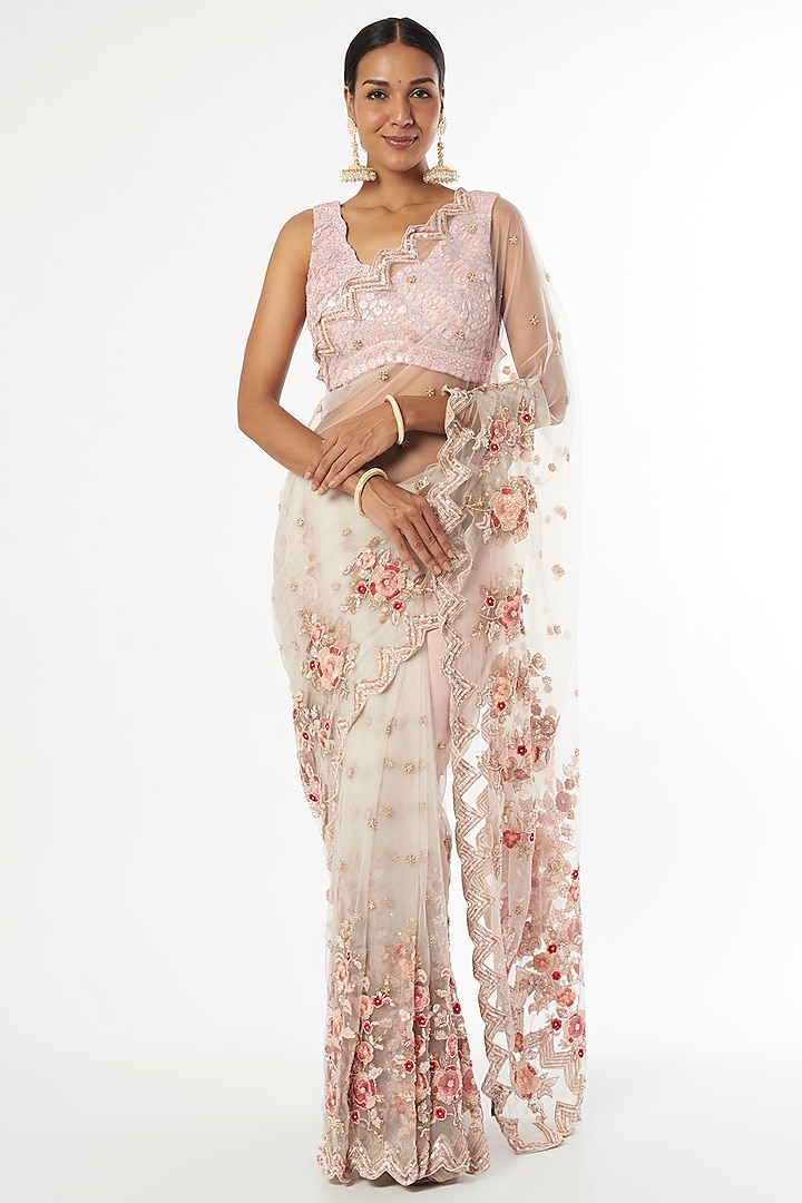 Blush Pink Embroidered Saree Set by Kalighata