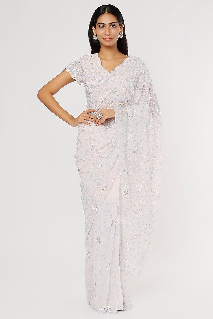 Blush Pink Net Embroidered Saree Set by Kalighata