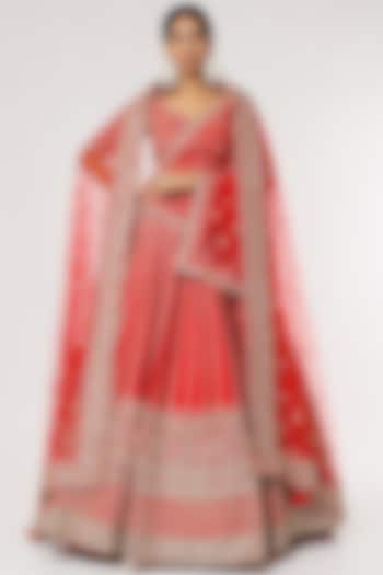 Red Embellished Aster Bridal Lehenga Set by Kalighata at Pernia's Pop Up Shop