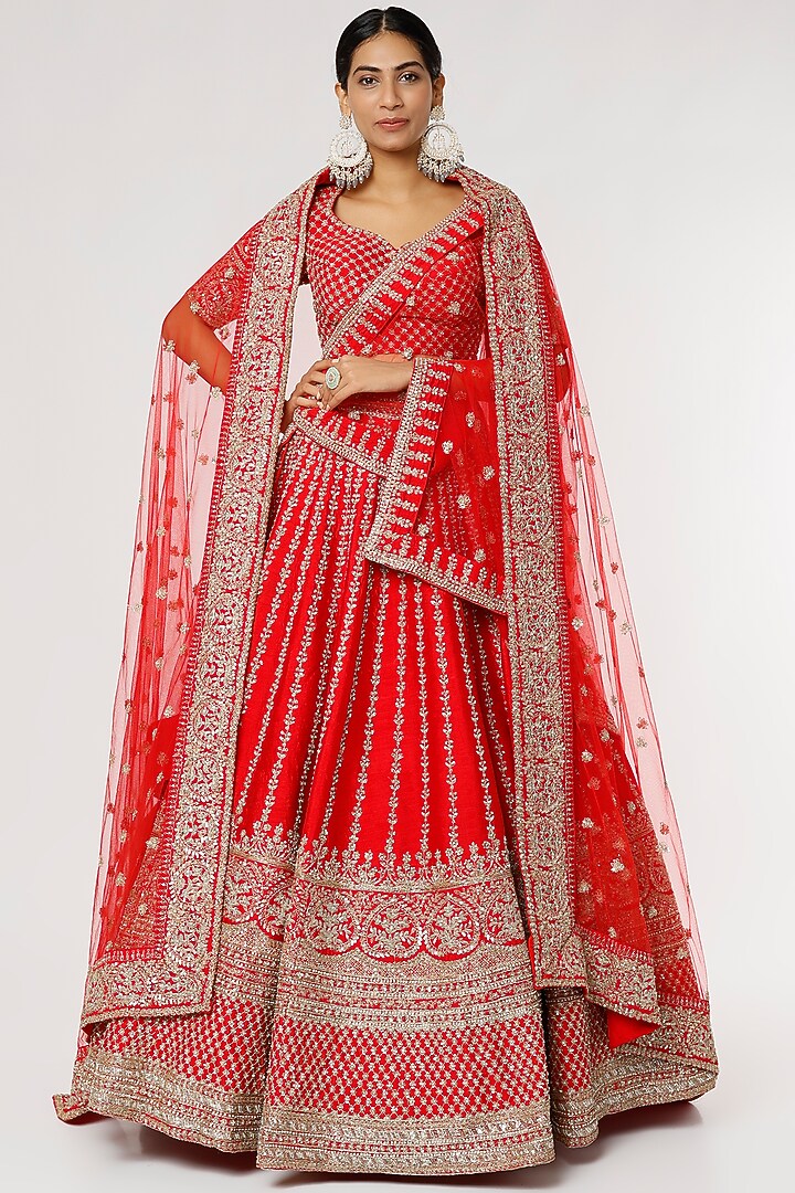 Red Embellished Aster Bridal Lehenga Set by Kalighata at Pernia's Pop Up Shop
