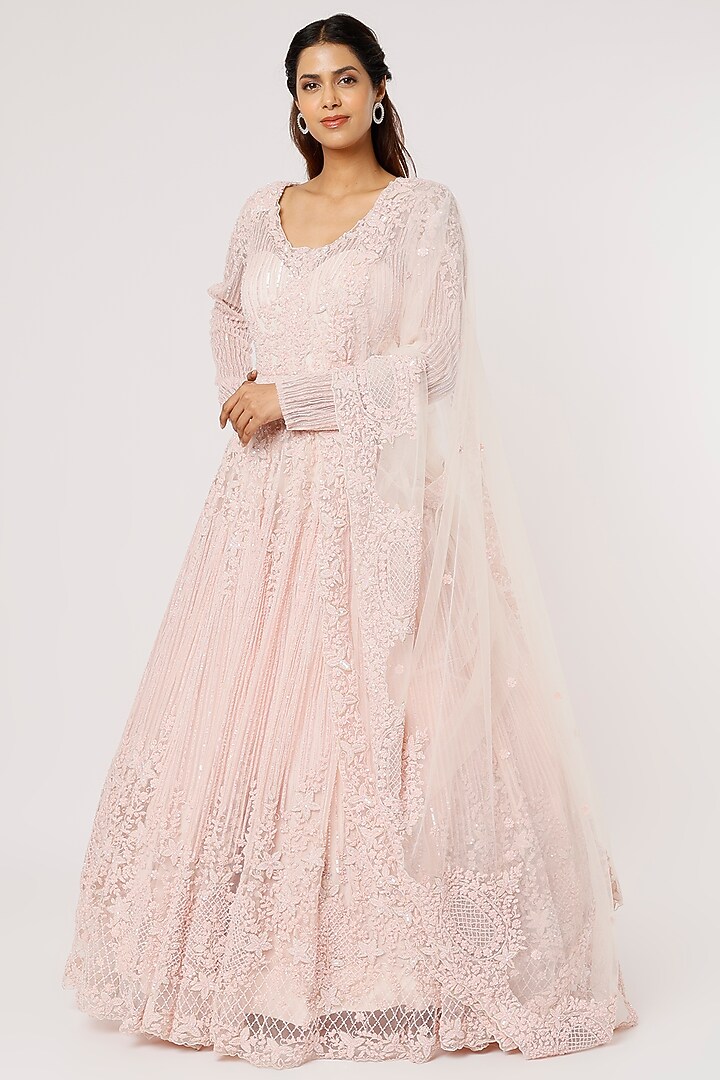 Blush Pink Embellished Wedding Gown With Dupatta by Kalighata at Pernia's Pop Up Shop