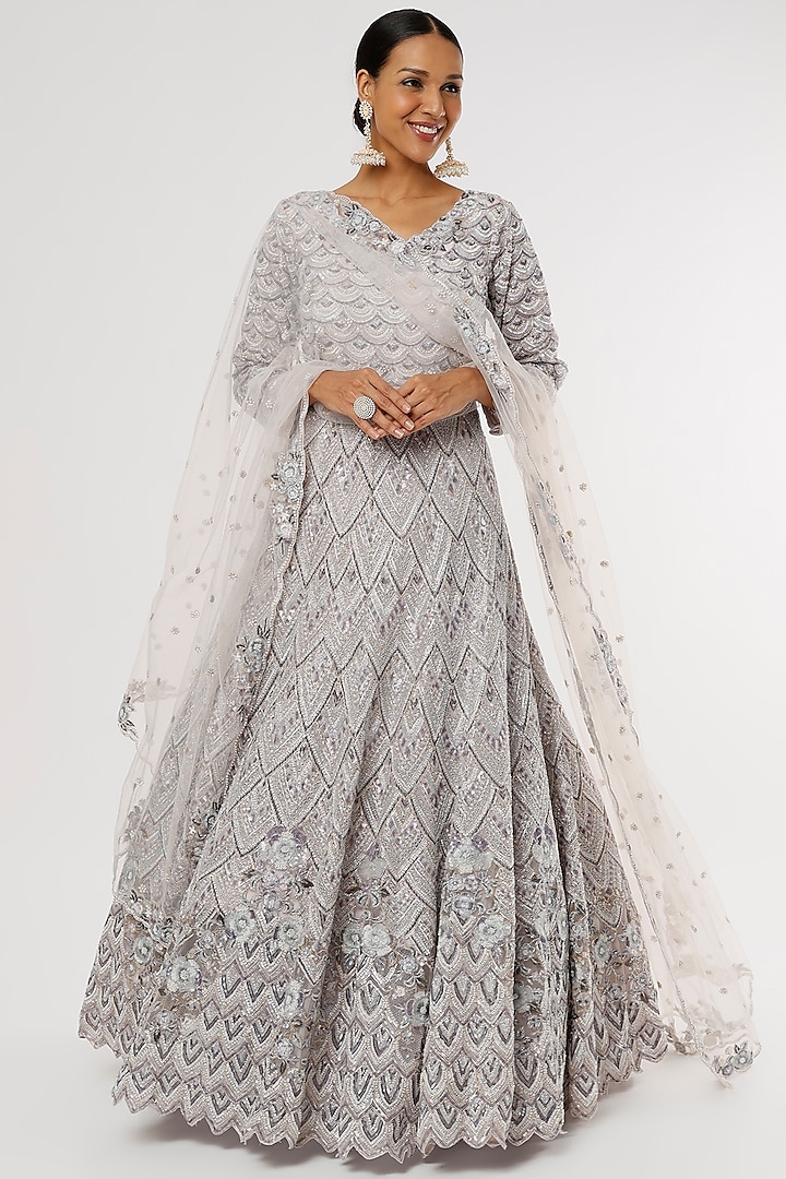 Grey Net Embellished Gown by Kalighata