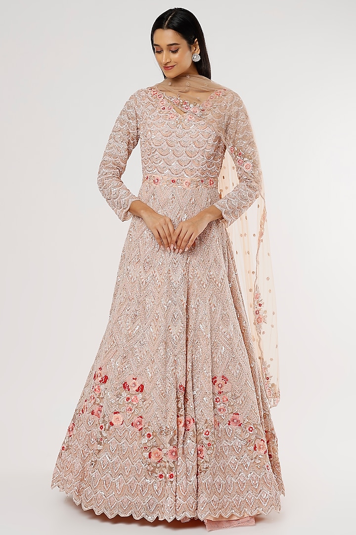 Peach & Grey Net Embellished Vogue Gown by Kalighata