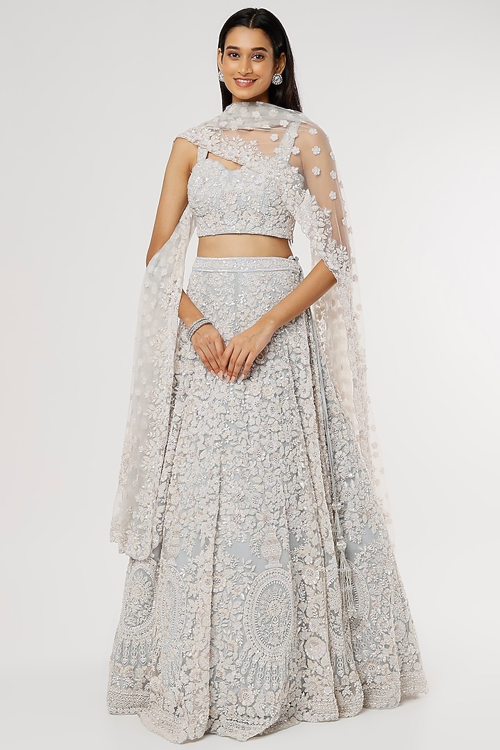 Ice Blue Embellished Bridal Lehenga Set by Kalighata at Pernia's Pop Up Shop