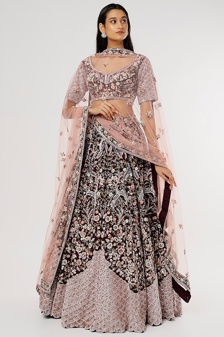 Wine Hand Crafted Silk Wave Bridal Lehenga Set by Kalighata at Pernia's Pop Up Shop