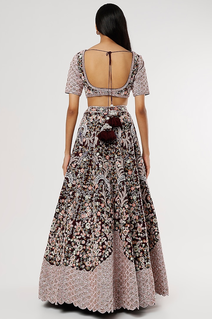 Wine Hand Crafted Silk Wave Bridal Lehenga Set by Kalighata at Pernia's Pop Up Shop