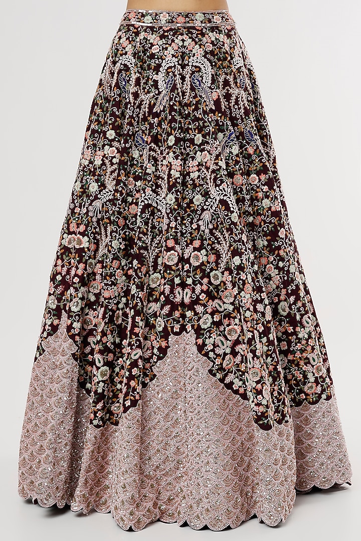 Wine Hand Crafted Silk Wave Bridal Lehenga Set by Kalighata at Pernia's Pop Up Shop