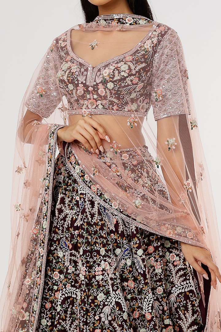 Wine Hand Crafted Silk Wave Bridal Lehenga Set by Kalighata at Pernia's Pop Up Shop