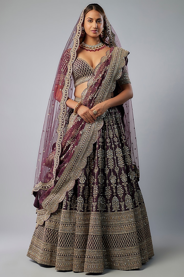 Purple Raw Silk Zardosi Hand & Machine Embroidered Bridal Lehenga Set by Kalighata at Pernia's Pop Up Shop