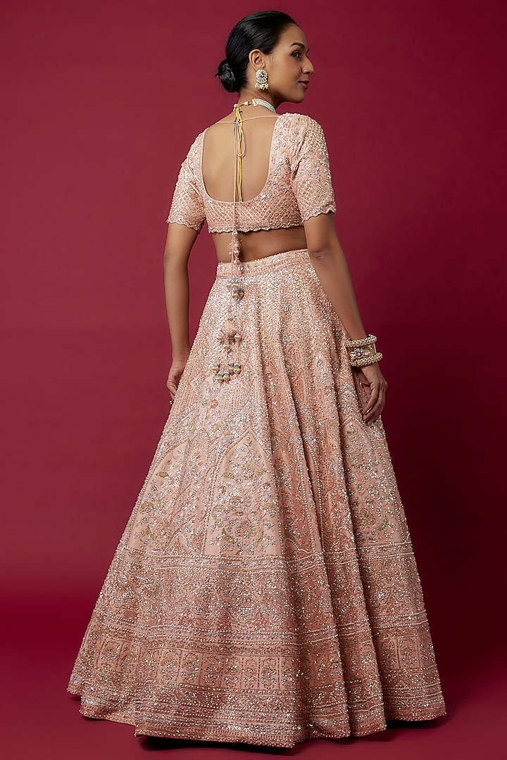 Peach Raw Silk Hand & Machine Embroidered Bridal Lehenga Set by Kalighata at Pernia's Pop Up Shop