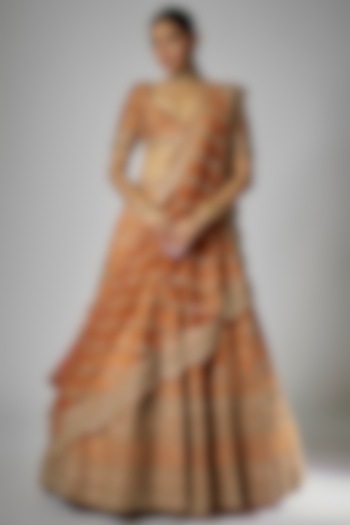 Rust Raw Silk Embroidered Bridal Lehenga Set by Kalighata at Pernia's Pop Up Shop