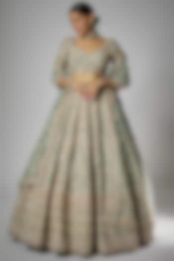 Aqua Raw Silk Embroidered Bridal Lehenga Set by Kalighata at Pernia's Pop Up Shop