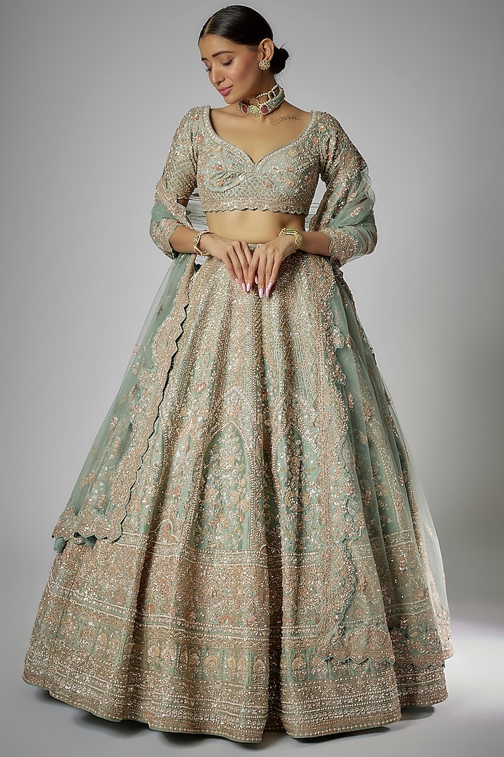 Aqua Raw Silk Embroidered Bridal Lehenga Set by Kalighata at Pernia's Pop Up Shop