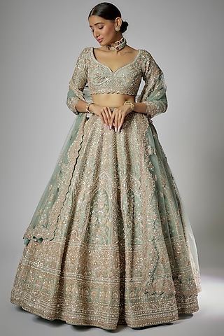 Aqua Raw Silk Embroidered Lehenga Set by Kalighata