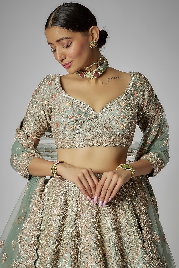 Aqua Raw Silk Embroidered Bridal Lehenga Set by Kalighata at Pernia's Pop Up Shop