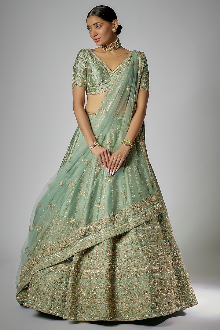 Sea Green Raw Silk Embroidered Lehenga Set by Kalighata