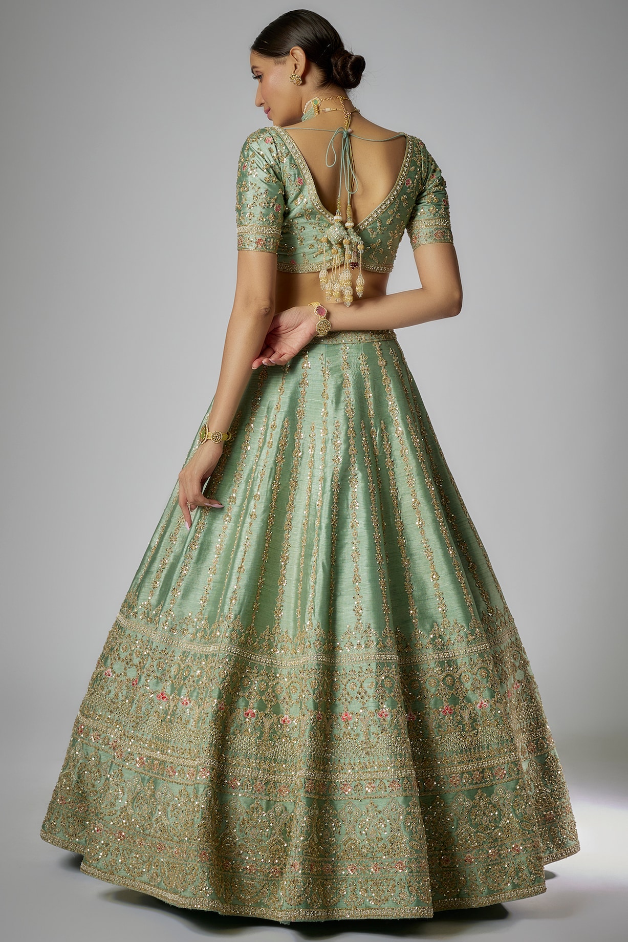 Sea Green Readymade Embroidered Tissue Silk Lehenga