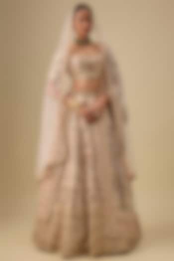 Peach Raw Silk Hand & Machine Embroidered Bridal Lehenga Set by Kalighata at Pernia's Pop Up Shop