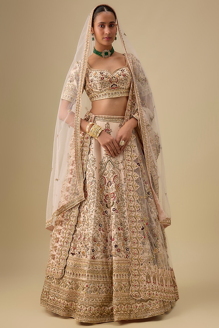 Peach Raw Silk Hand & Machine Embroidered Bridal Lehenga Set by Kalighata at Pernia's Pop Up Shop