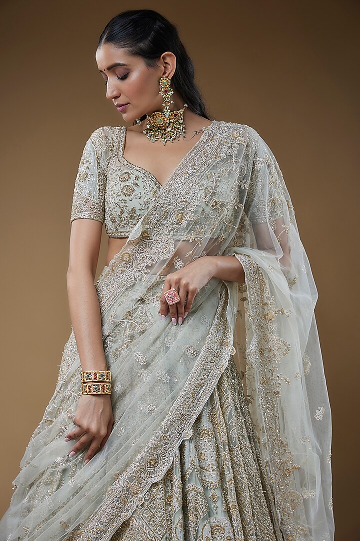 Ivory Organza Embroidered Bridal Lehenga Set by Kalighata at Pernia's Pop Up Shop
