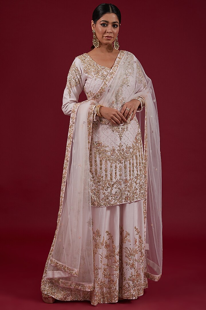 Blush Pink Chanderi Embellished Bridal Sharara Set by Kalighata at Pernia's Pop Up Shop