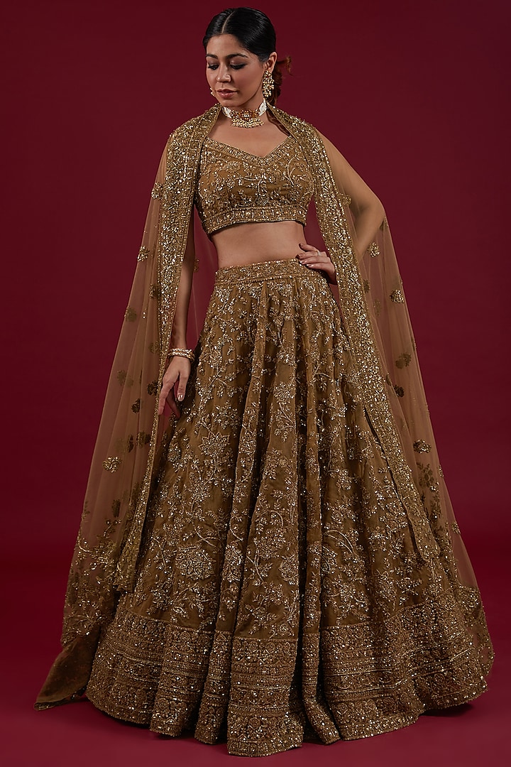 Rust Organza Zardosi & Cutdana Embellished Bridal Lehenga Set by Kalighata at Pernia's Pop Up Shop