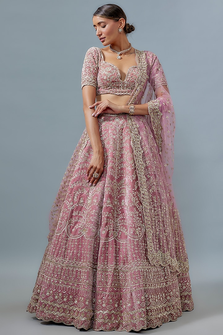 Mauve Velvet Hand Embroidered Bridal Lehenga Set by Kalighata at Pernia's Pop Up Shop