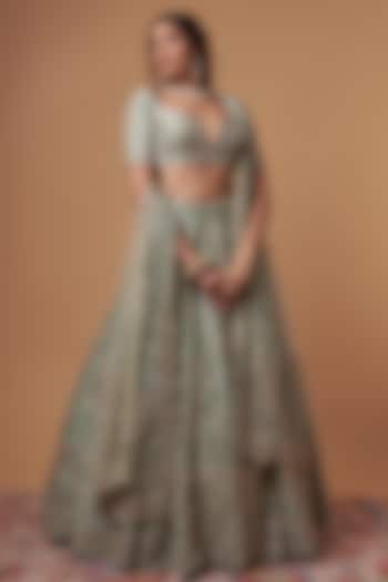 Dusty Firozi Raw Silk Sequins & Cutdana Embellished Bridal Lehenga Set by Kalighata at Pernia's Pop Up Shop