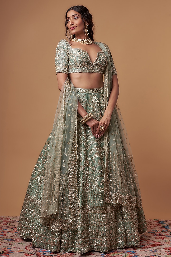 Dusty Firozi Raw Silk Sequins & Cutdana Embellished Bridal Lehenga Set by Kalighata at Pernia's Pop Up Shop