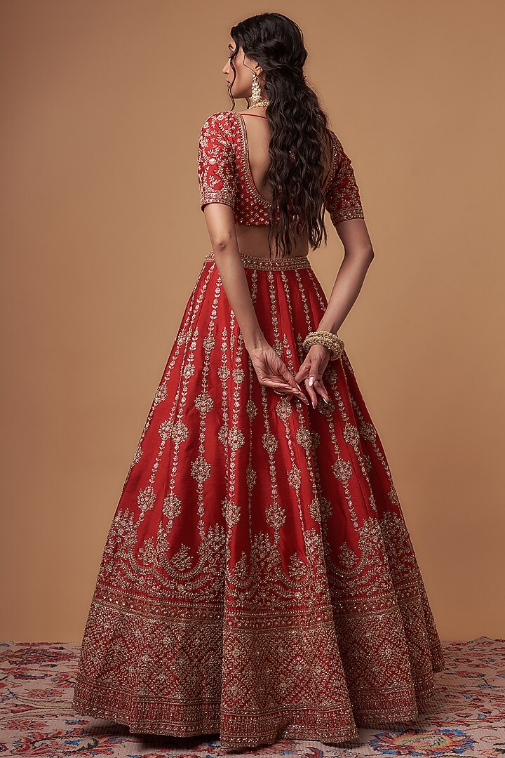Red Raw Silk Sequins & Cutdana Embroidered Bridal Lehenga Set by Kalighata at Pernia's Pop Up Shop