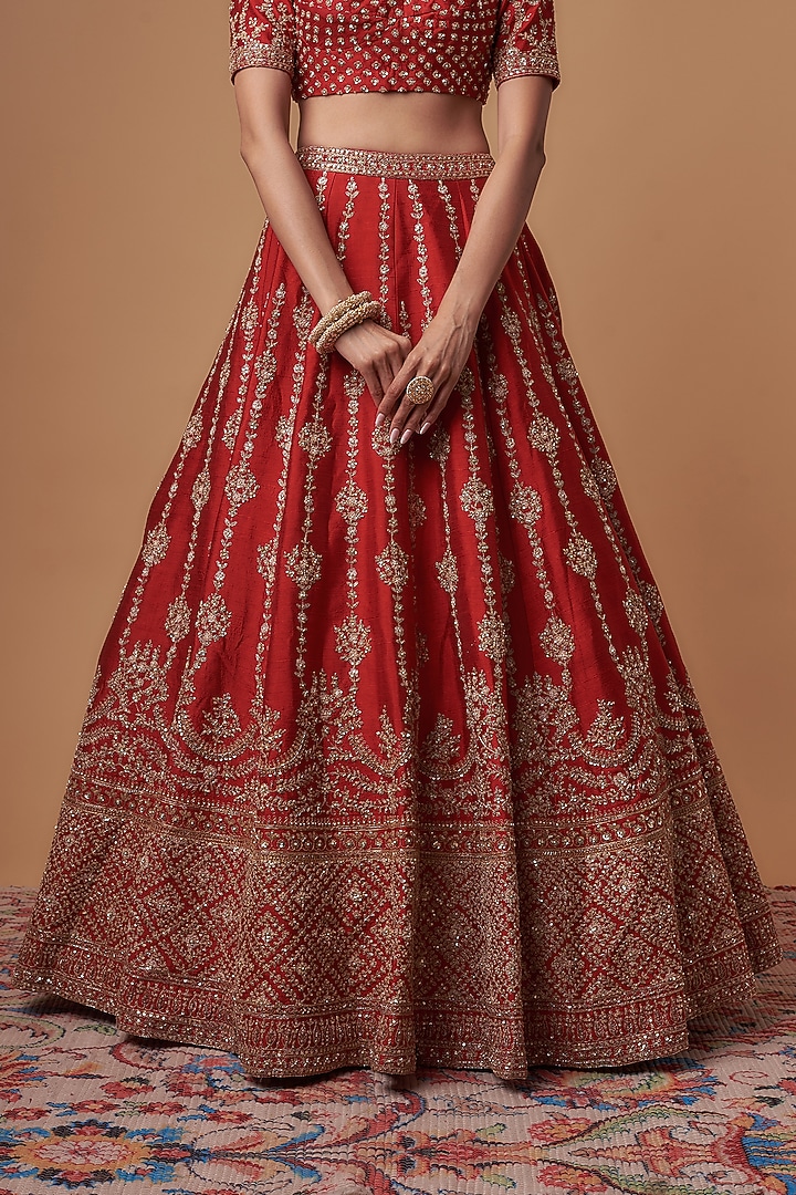 Red Raw Silk Sequins & Cutdana Embroidered Bridal Lehenga Set by Kalighata at Pernia's Pop Up Shop