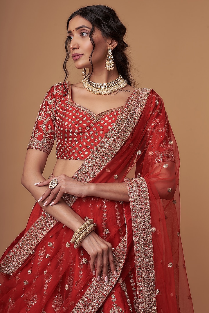 Red Raw Silk Sequins & Cutdana Embroidered Bridal Lehenga Set by Kalighata at Pernia's Pop Up Shop
